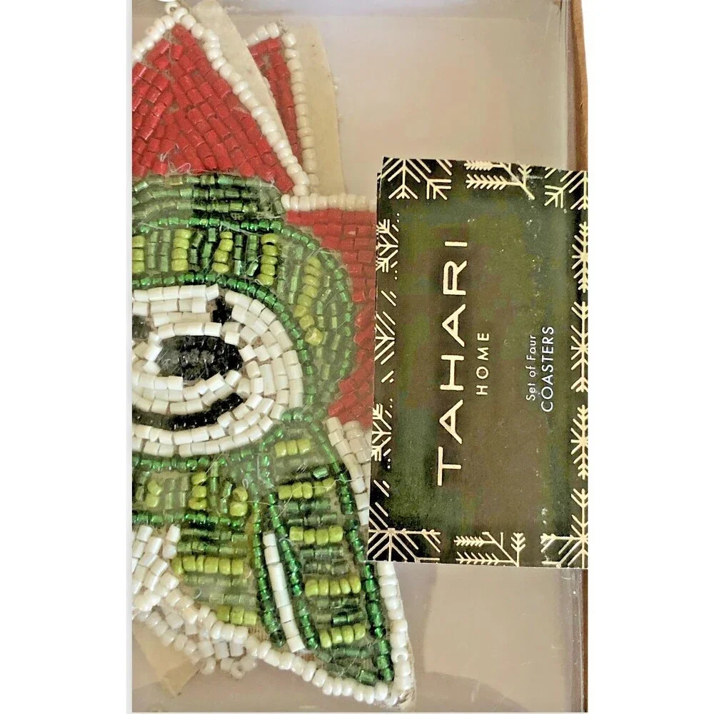 Tahari Christmas Beaded Drink Coasters Holiday Winter Snowman on a Star Set of 4